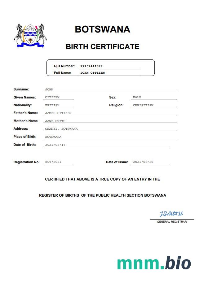 Botswana narodziny certyfikat Word i PDF szablon